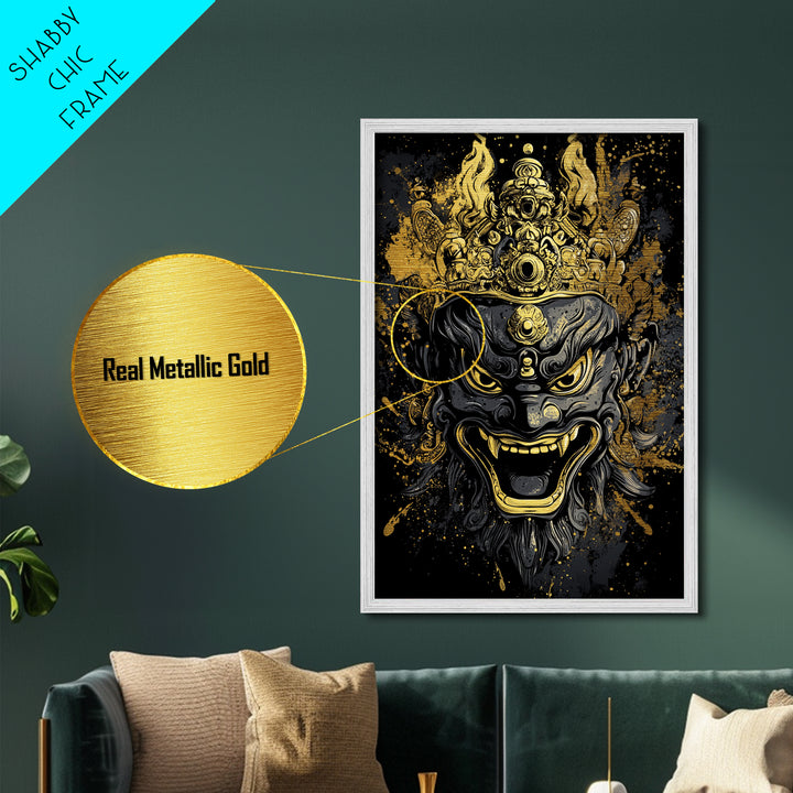 Intricate Demon Mask Metallic Gold Metal Print, Splatter Style Wall Decor, Fierce Mythical Face Art, Real Wood Frame, Tribal Accent