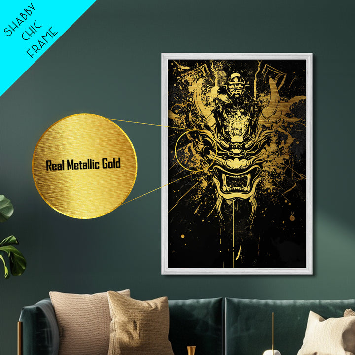 Samurai Demon Mask Metallic Gold Metal Print, Splatter Style Wall Decor, Warrior Inspired Wall Art, Real Wood Frame, Tribal Home Accent