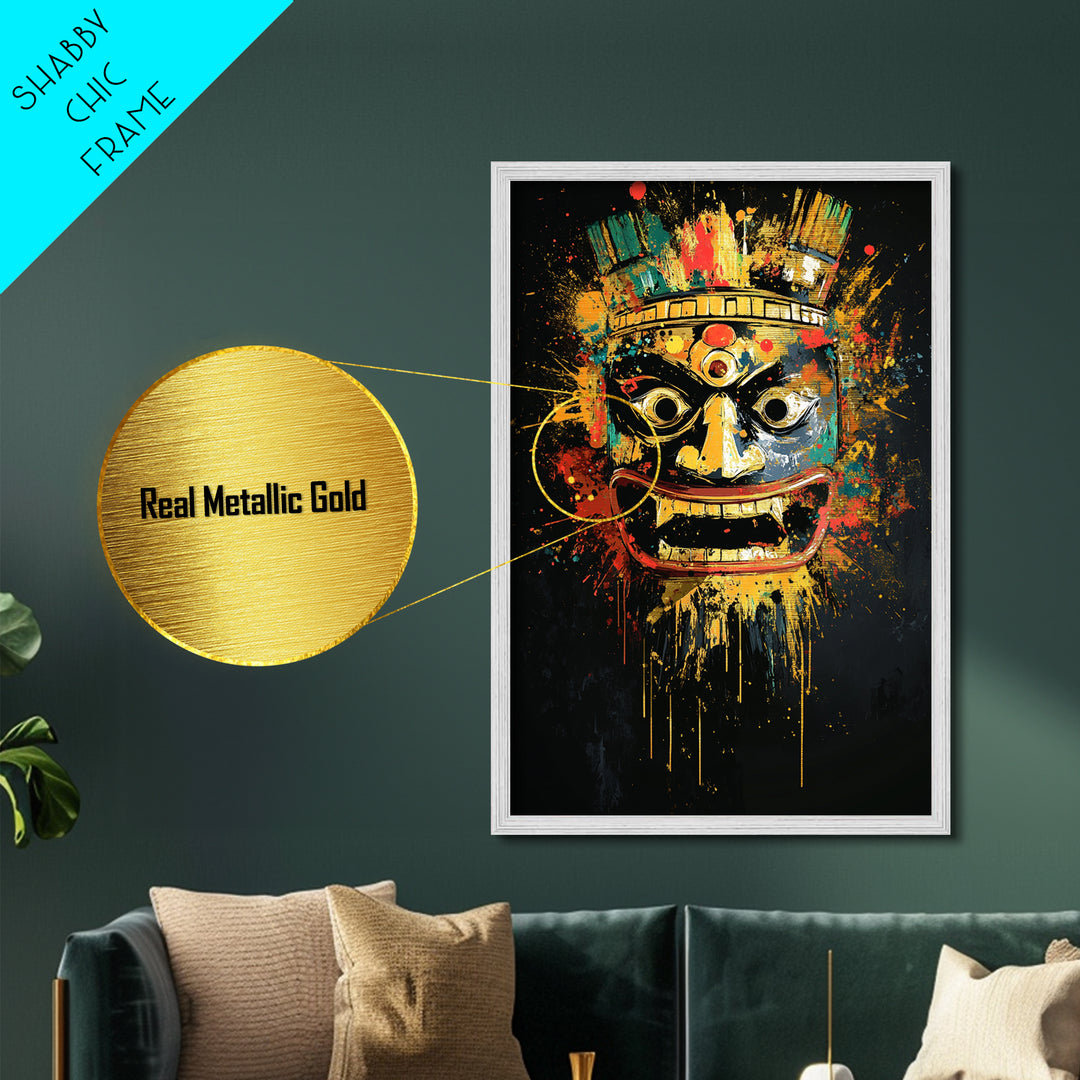Aztec Warrior Mask Metallic Gold Metal Print, Tribal Wall Art, Splatter Style Decor, Real Wood Frame, Bold Statement Piece