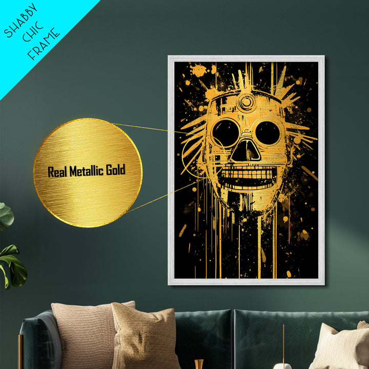 Inca Sun God Mask Metallic Gold Metal Print, Ancient Tribal Wall Art, Splatter Ink Style, Real Wood Frame, Bold Home Decor