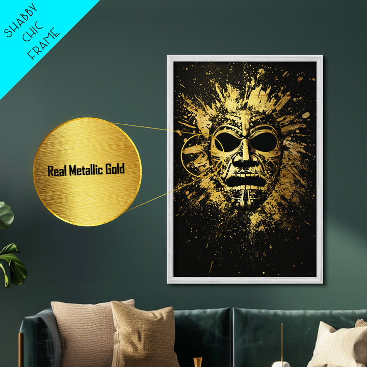 Mayan Ritual Mask Metallic Gold Metal Print, Ancient Tribal Wall Art, Splatter Paint Style, Real Wood Frame, Bold Statement Decor