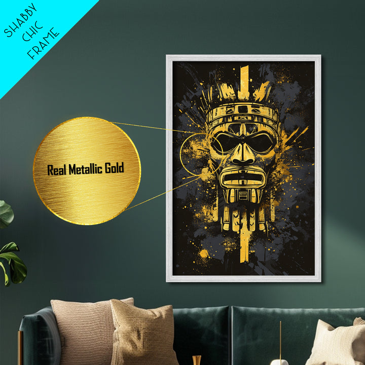 Aztec Chief Mask Metallic Gold Metal Print, Tribal Heritage Wall Art, Splatter Ink Style, Real Wood Frame, Striking Home Accent