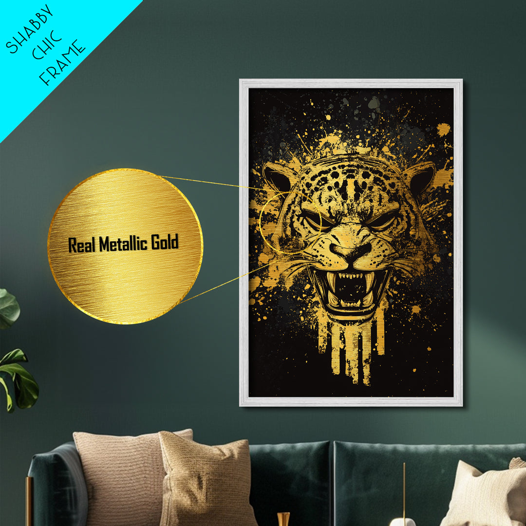 Jaguar Warrior Metallic Gold Metal Print, Aztec Animal Spirit Wall Art, Splatter Ink Style, Real Wood Frame, Fierce Tribal Decor