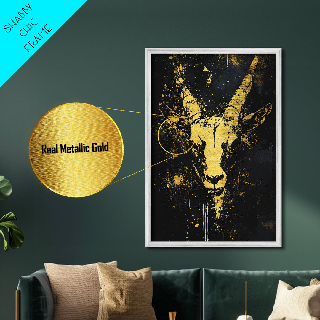 Antelope Spirit Metallic Gold Metal Print, Tribal Wildlife Wall Art, Splatter Style Ink, Real Wood Frame, Minimalist Statement Decor