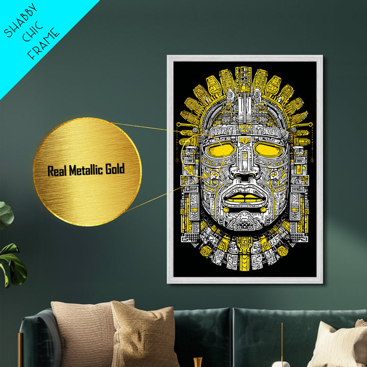 Aztec Sun Mask Metallic Gold Metal Print, Bold Tribal Face Artwork, Ancient Splatter Style Wall Decor, Real Wood Frame