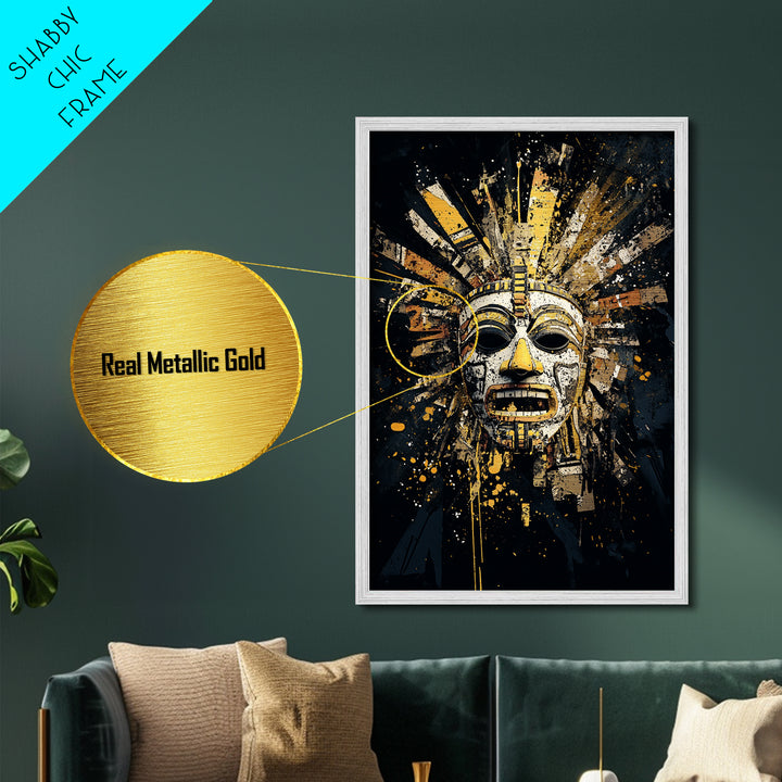 Aztec Feather Headdress Metallic Gold Metal Print, Ornate Tribal Face Artwork, Mythic Wall Decor, Real Wood Frame