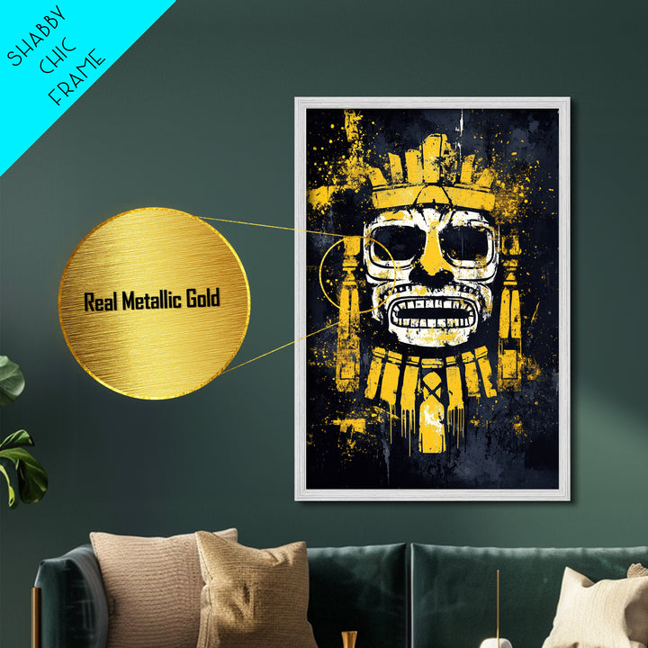 Aztec Feathered Warrior Metallic Gold Metal Print, Ornate Tribal Face Artwork, Ancient Wall Decor, Real Wood Frame