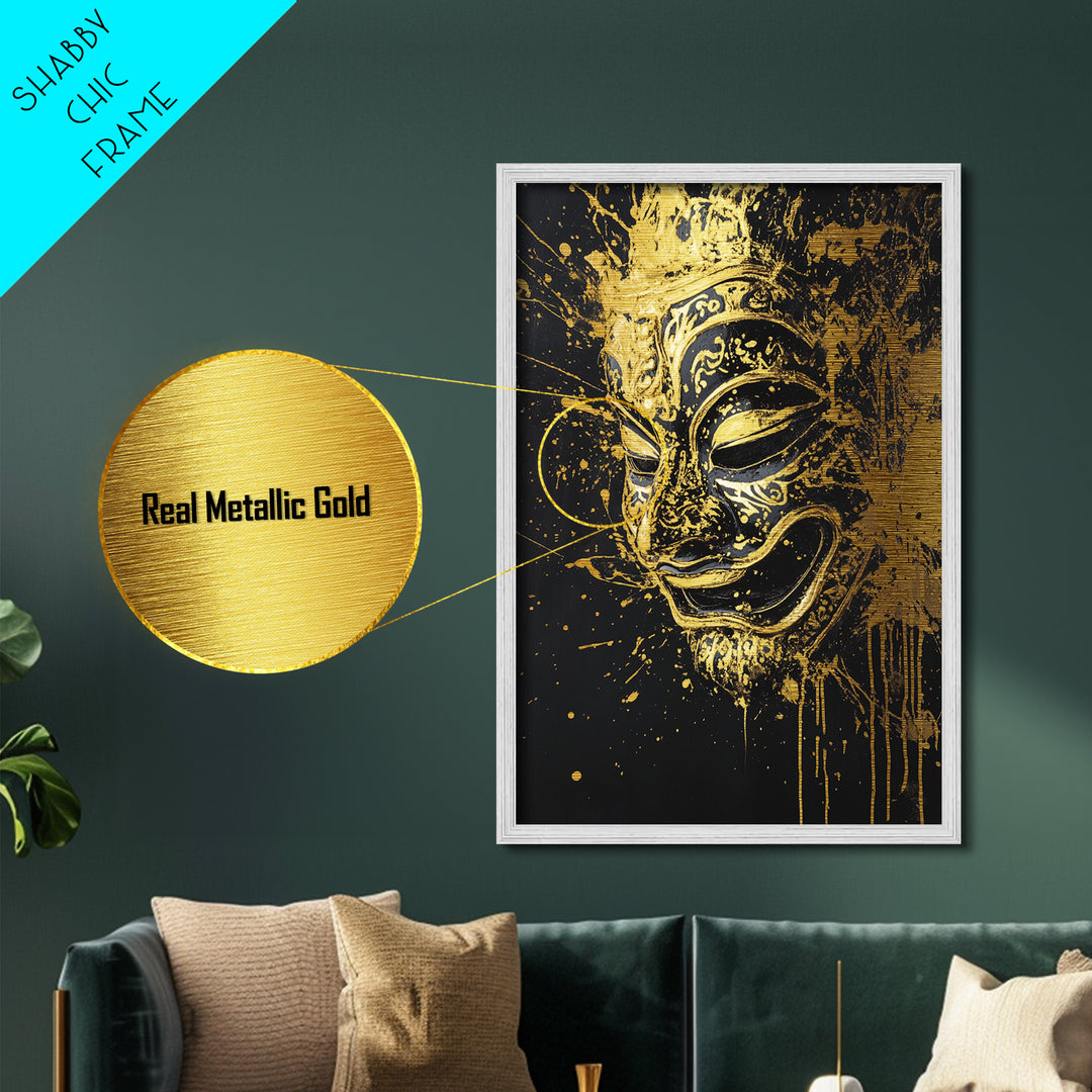 Traditional Mask Metallic Gold Art, Intricate Wall Art, Cultural Spirit Artwork, Real Wood Frame, Unique Splatter Pattern Home Decor