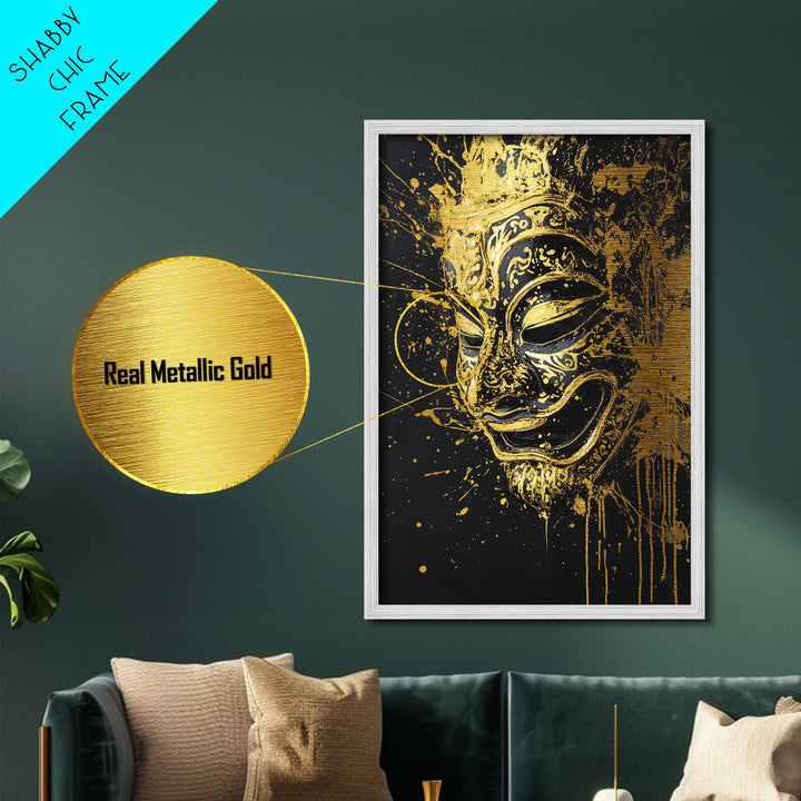 Traditional Mask Metallic Gold Art, Intricate Wall Art, Cultural Spirit Artwork, Real Wood Frame, Unique Splatter Pattern Home Decor