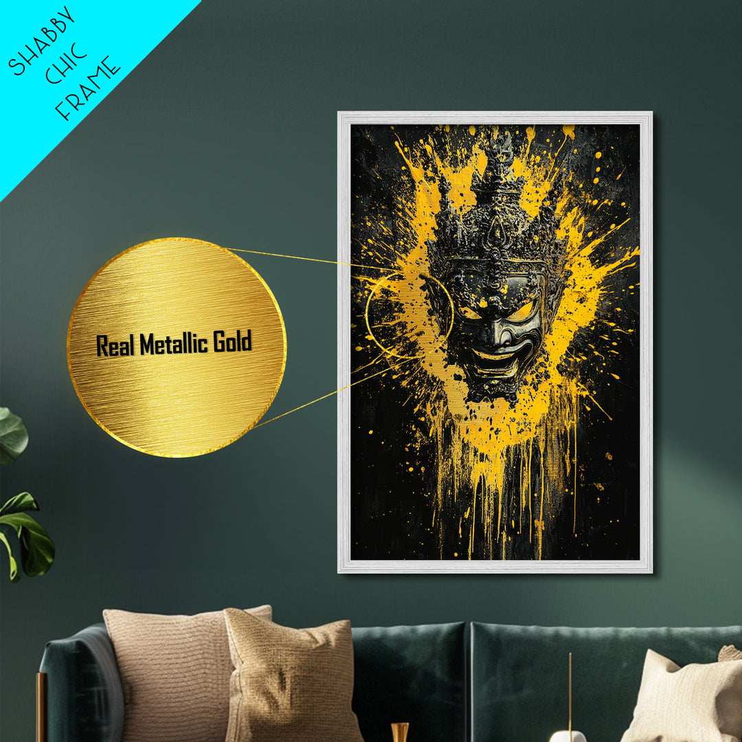 Tribal Mask Metallic Gold Metal Print, Modern Splatter Art, Cultural Wall Decor, Bold Tribal Artwork, Real Wood Framed