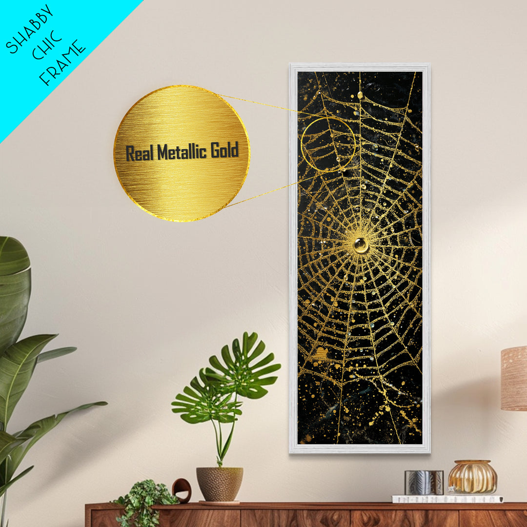 Golden Spider Web Wall Art, Wood Framed Metal Art, Metallic Gold Art, Spider Decor