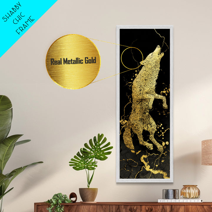 Wolf Fenrir Norse Mythology Metallic Gold Art Metal Art, Viking Office Wall Decor for Men, framed in natural real wood