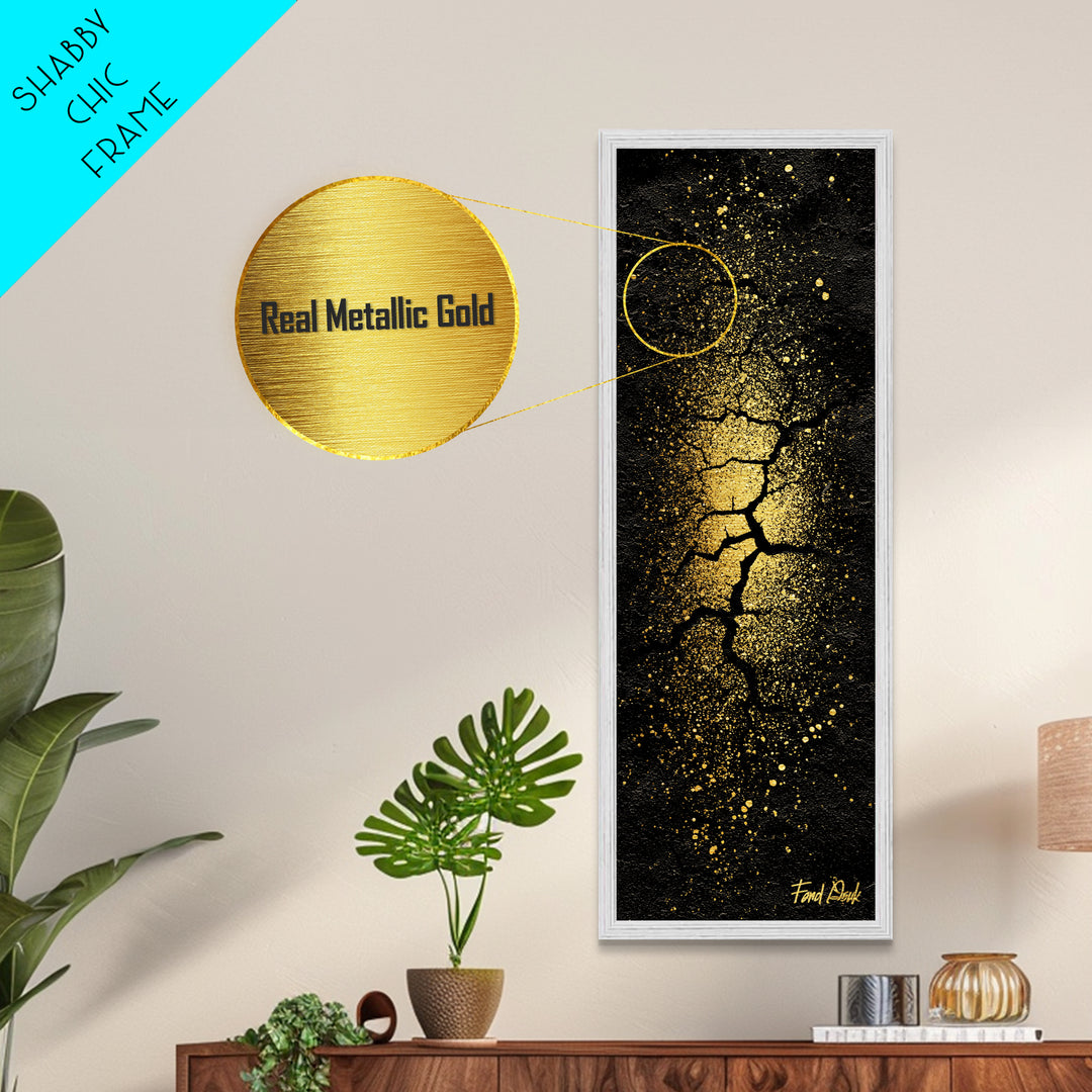 Cracked Earth Norse Ragnarok Metallic Gold Art Metal Art, Nordic Mythology Abstract Wall Decor, framed in handcrafted wood