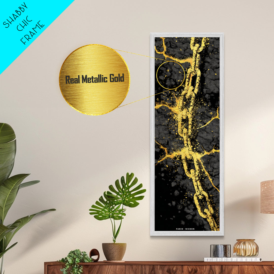 Gleipnir Chain of Fenrir Metallic Gold Art Metal Art, Norse Mythology Viking Decor for Man Cave, in a natural wood frame