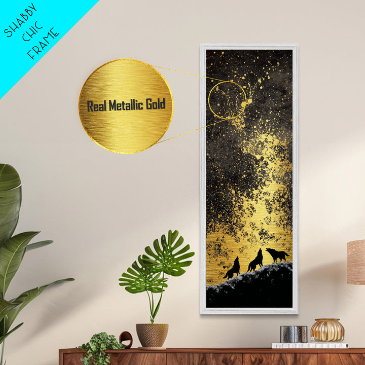 Howling Wolves Norse Night Metallic Gold Art Metal Art, Nordic Mythology Wall Art for Men’s Office, framed with real wood