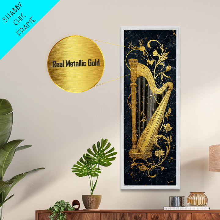 Golden Harp Nordic Wall Art, Wood Framed Metal Art, Metallic Gold Art, Gold Leaf, Gold Foil Art