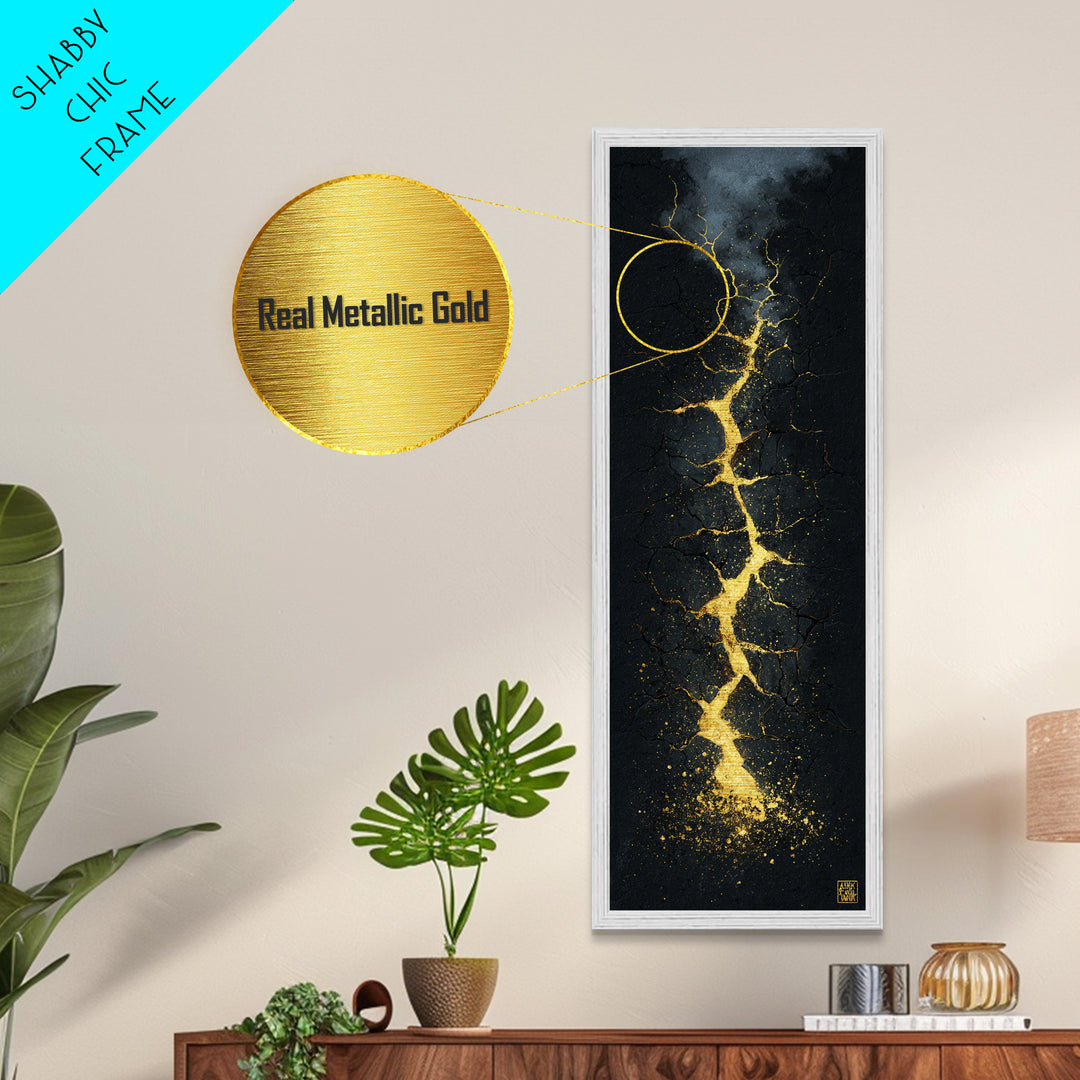 Cracked Path Ragnarok Metallic Gold Art Metal Art, Norse Mythology Abstract Wall Decor for Office, framed in solid wood
