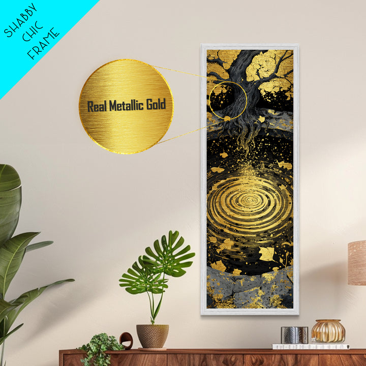 Yggdrasil Tree Metallic Gold Art Metal Art | Nordic Mythology Wall Art of World Tree | Viking Office Decor Framed with Natural Wood