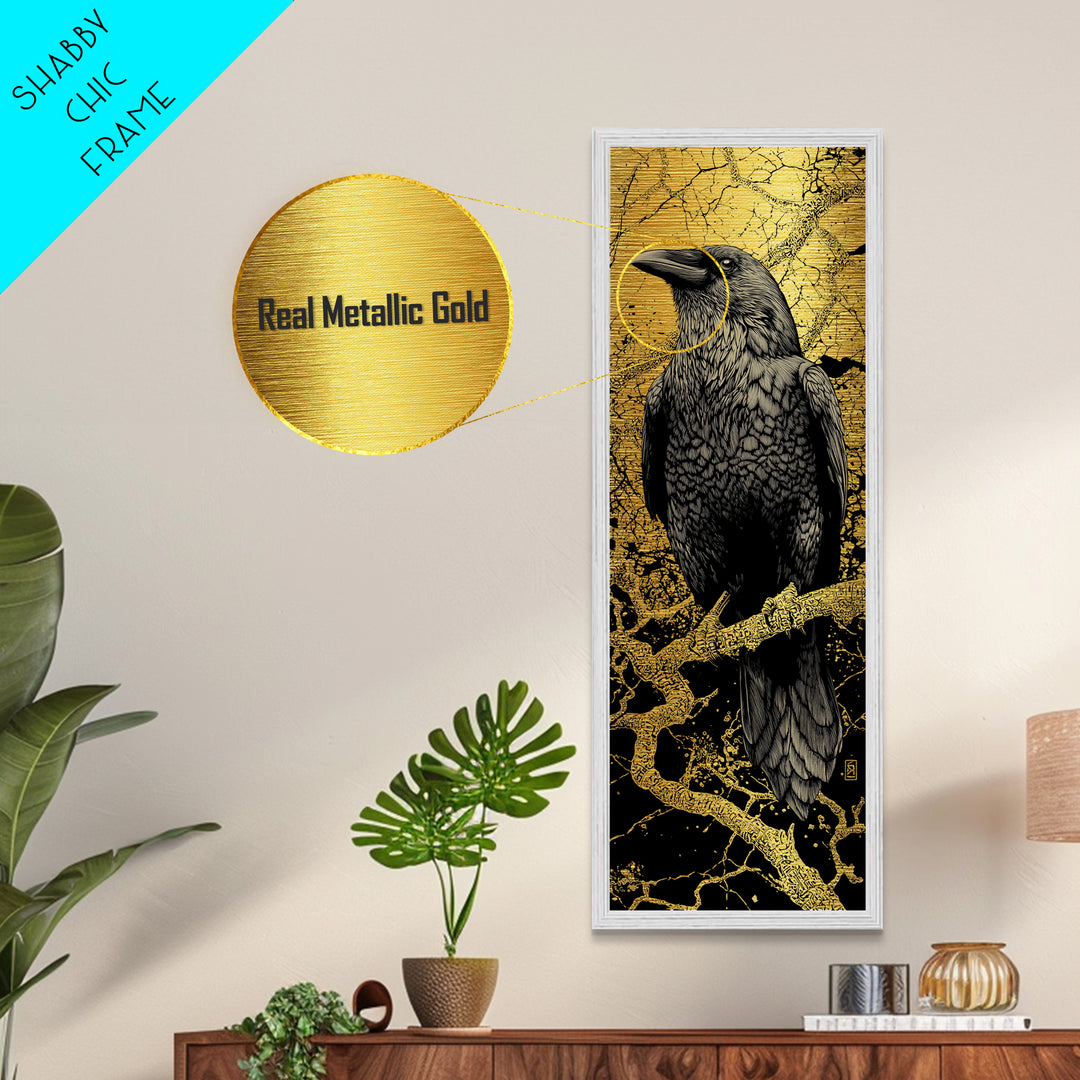 Hugin Raven Metallic Gold Art Metal Art | Nordic Mythology Wall Decor of Odin’s Raven | Viking Office Art Framed in Natural Wood