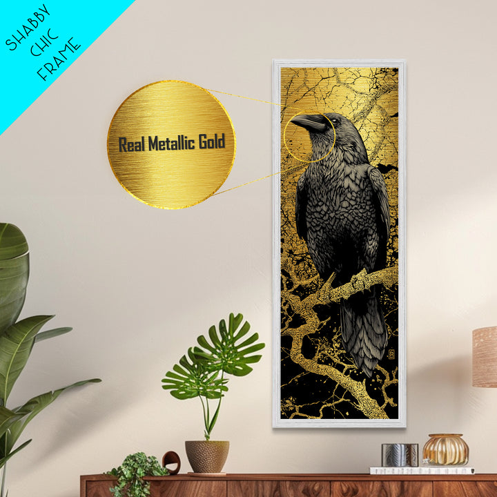 Hugin Raven Metallic Gold Art Metal Art | Nordic Mythology Wall Decor of Odin’s Raven | Viking Office Art Framed in Natural Wood