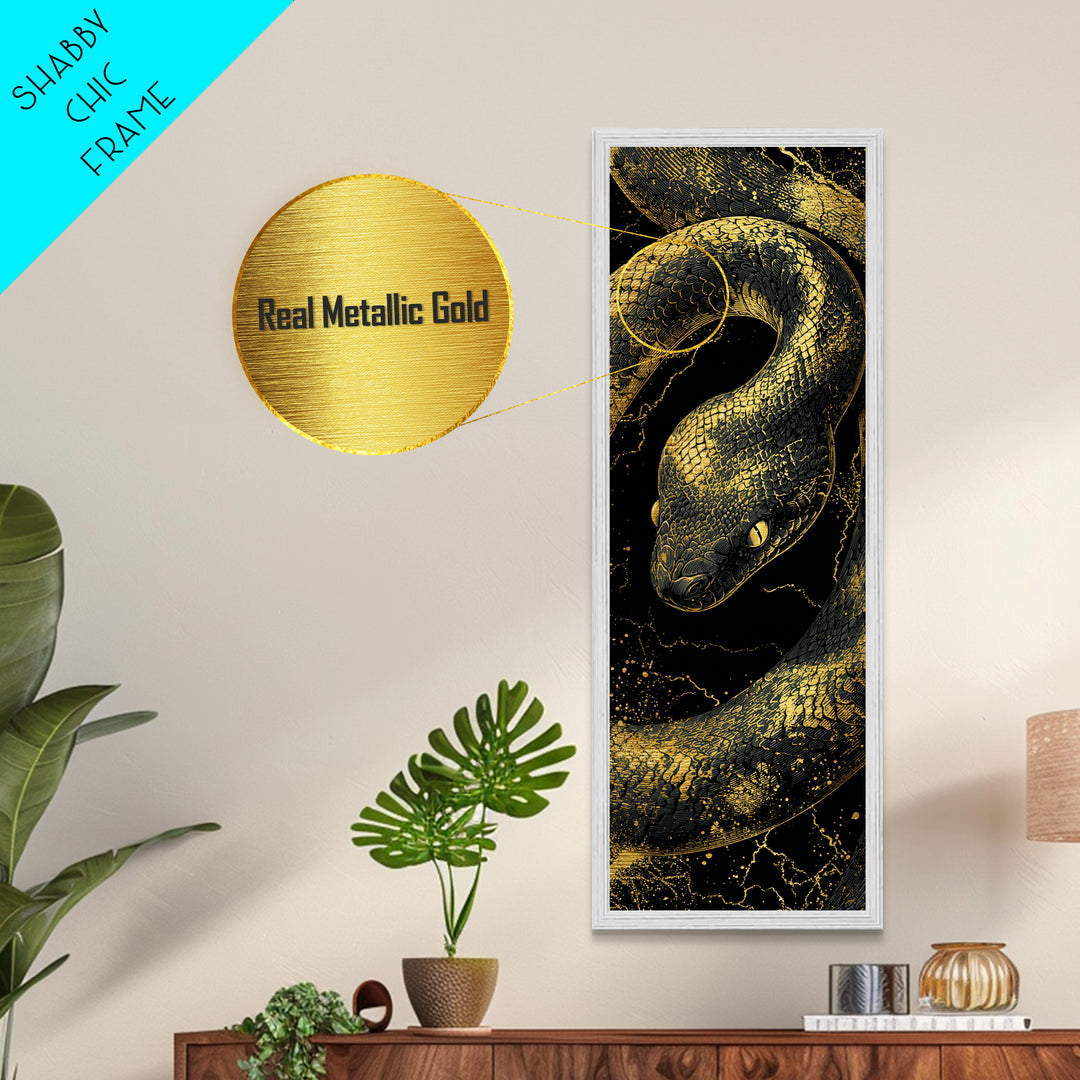 Nordic Snake Metallic Gold Art Metal Art | Viking Mythology Inspired Serpent Wall Decor | Man Cave or Dad Gift Framed in Real Wood