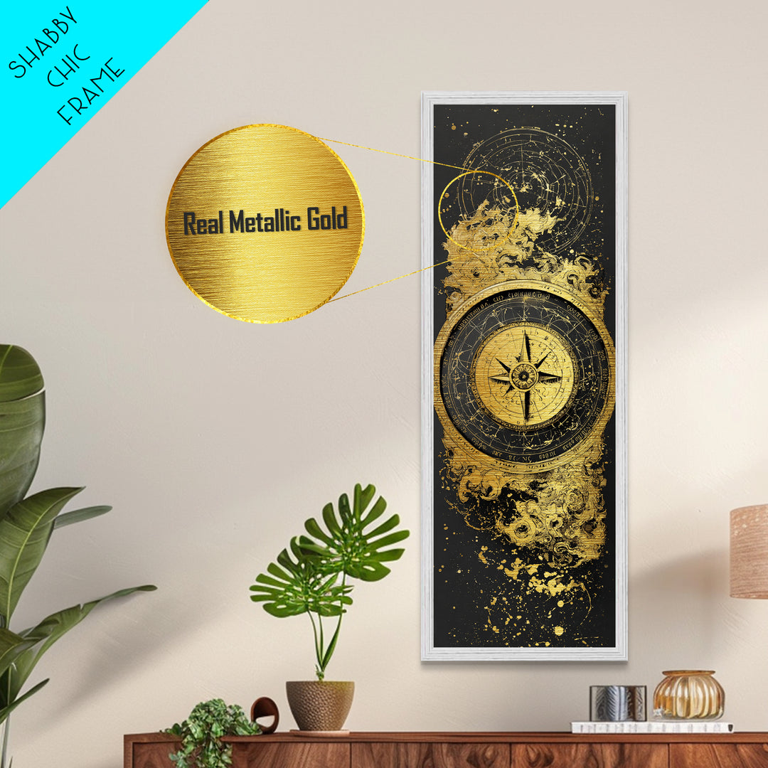 Golden Compass Nordic Wall Art, Wood Framed Metal Art, Metallic Gold Art, Gold Leaf, Gold Foil Art