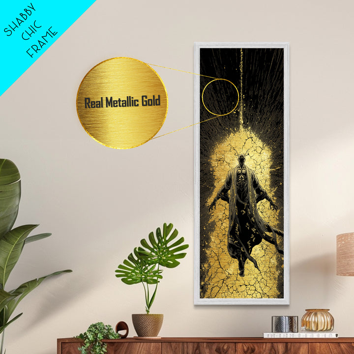 Norse God Ascension Metallic Gold Art Metal Art | Viking Mythology Wall Art | Bold Nordic Office Decor with Natural Wood Frame