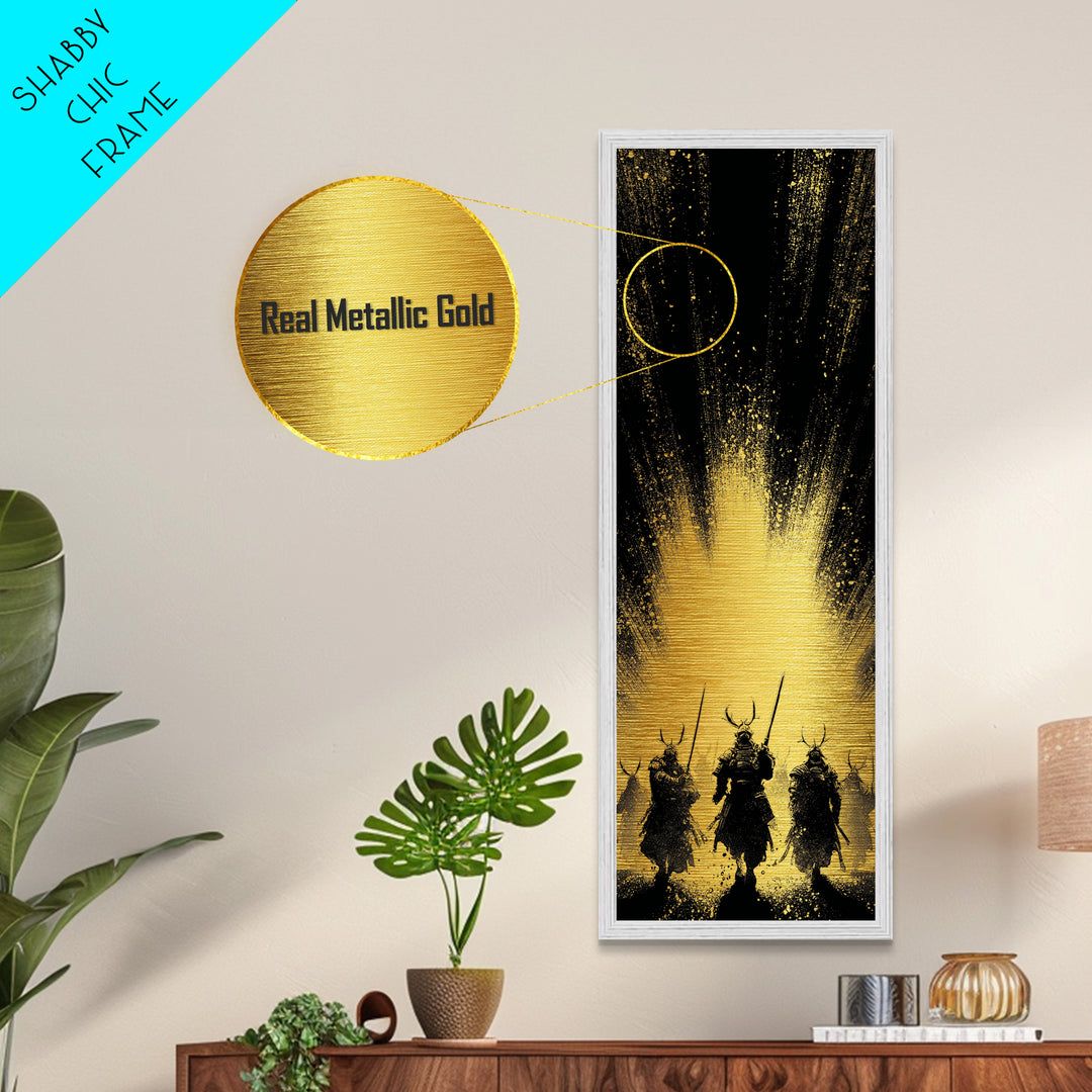 Norse Mythology Metallic Gold Art of Einherjar Warriors, Viking Metal Art for Dad Gift or Office Art, Nordic Battle Scene Framed in Natural Wood