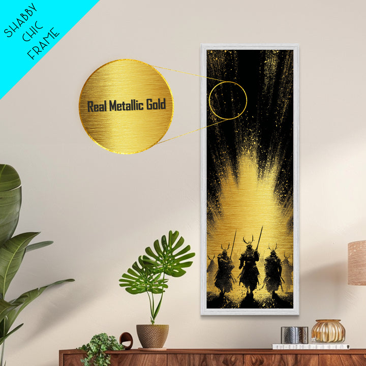 Norse Mythology Metallic Gold Art of Einherjar Warriors, Viking Metal Art for Dad Gift or Office Art, Nordic Battle Scene Framed in Natural Wood