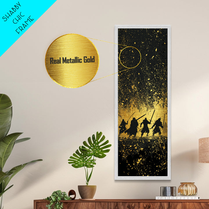 Viking Warriors Metallic Gold Art, Norse Mythology Metal Art Depicting Heroic Einherjar, Man Cave and Office Wall Decor with Real Wood Framing