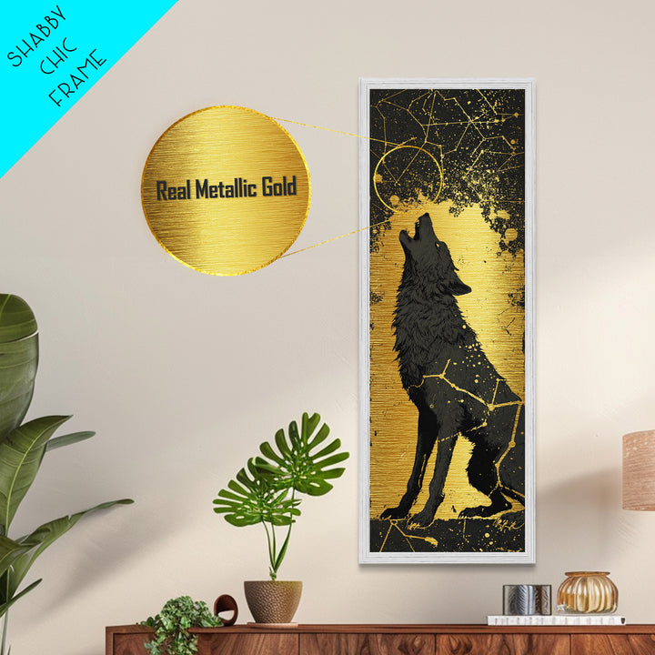 Fenrir Wolf Metallic Gold Art, Norse Mythology Metal Art Depicting Legendary Wolf, Viking Office Art or Man Cave Decor with Real Wood Framing