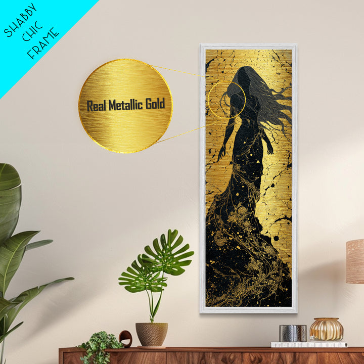 Freyja Goddess Metallic Gold Art, Norse Mythology Metal Art Featuring Viking Goddess of Love, Man Cave or Office Art Beautifully Framed in Wood