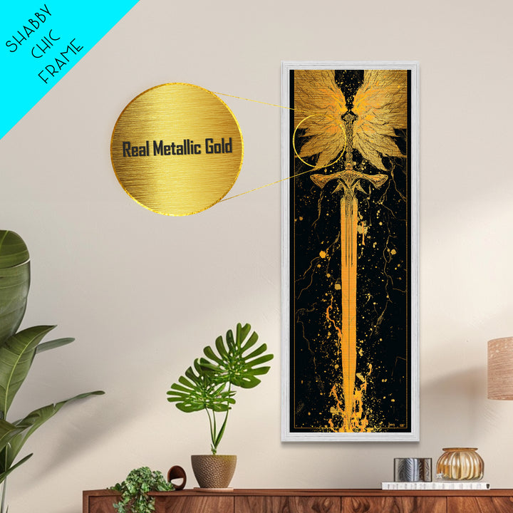 Norse Viking Sword Metallic Gold Art, Nordic Mythology Metal Art Featuring Golden Weapon, Man Cave Office Wall Decor with Elegant Natural Wood Frame