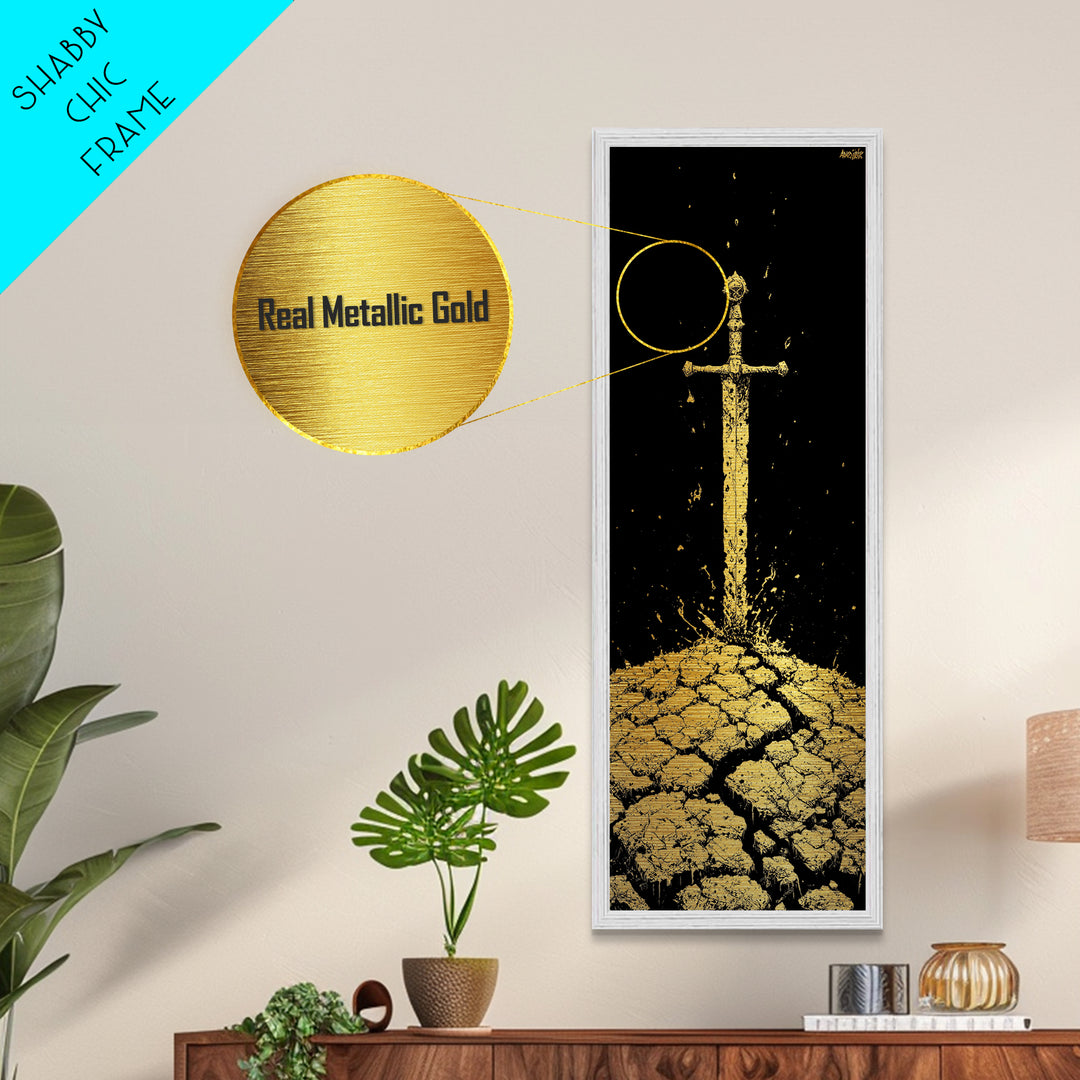 Sword of the North Metallic Gold Art – Viking Mythology Metal Art for Man Cave or Office, framed in natural real wood