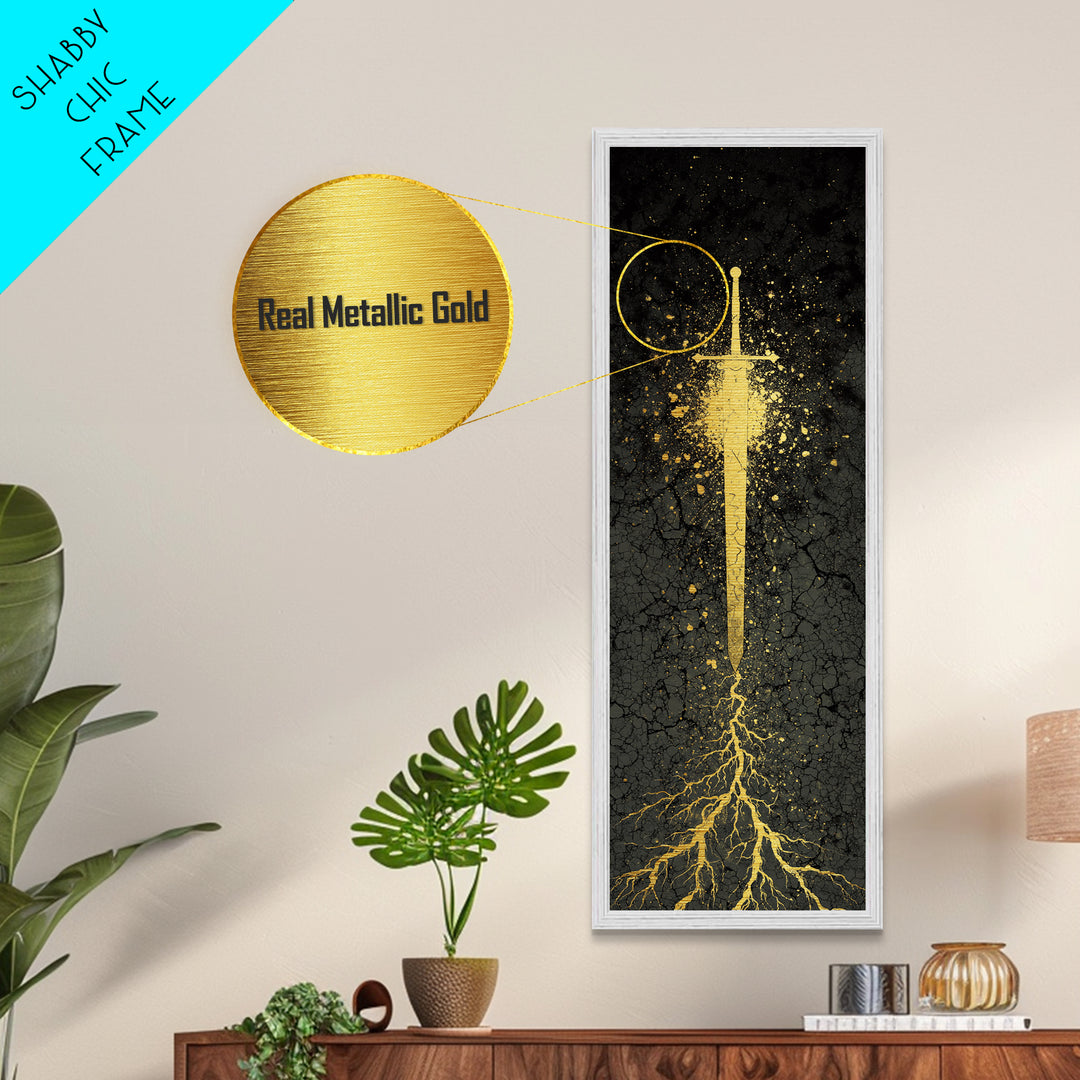 Metallic Gold Art of Runic Viking Sword – Nordic Mythology Metal Art, Norse Decor with real wood frame, perfect Dad Gift