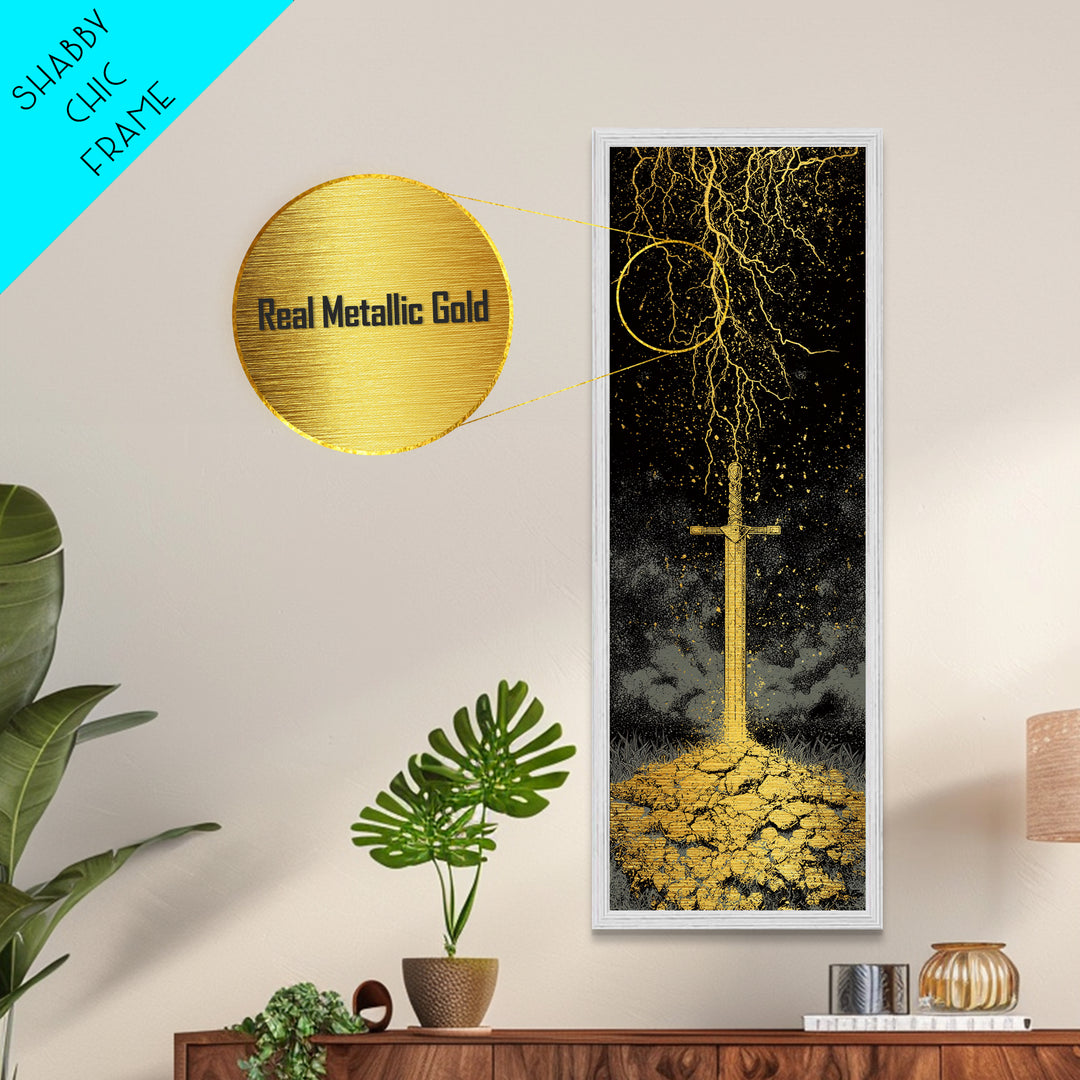 Storm-Forged Viking Sword Metallic Gold Art – Striking Nordic Mythology Metal Art with lightning, real wood frame included