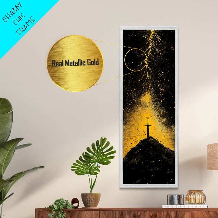 Metal Art Norse Sword of Power – Metallic Gold Art inspired by Viking legends, wall décor framed in authentic real wood