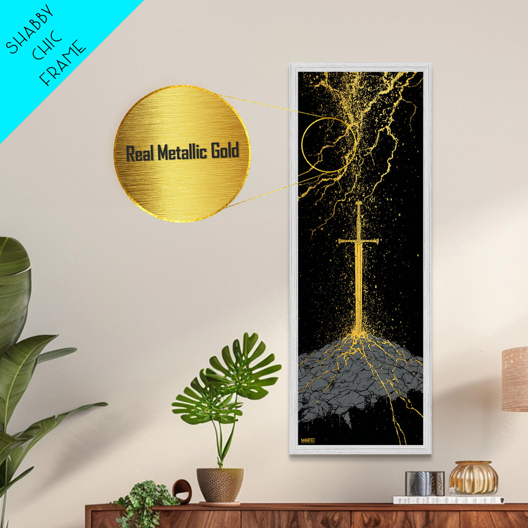 Viking Sword Under Thunder Metallic Gold Art – Nordic Mythology Metal Art, bold wall décor for office, with real wood frame