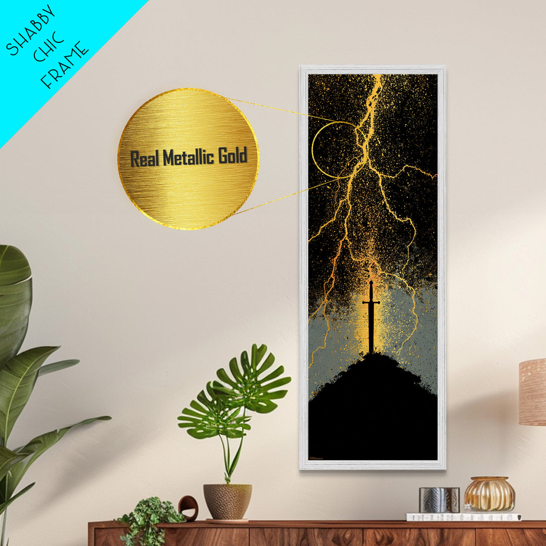 Mythic Norse Sword Metallic Gold Art – Viking-inspired Metal Art, perfect Man Cave Art or Office Gift, framed in natural wood