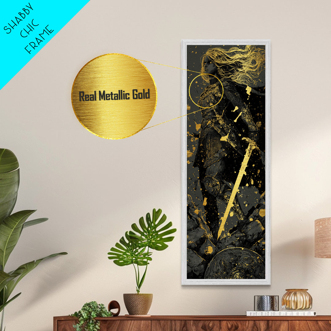 Nordic Shieldmaiden Hervor Metallic Gold Art – Epic Viking Metal Art, Man Cave wall décor in real wood frame, Dad Gift