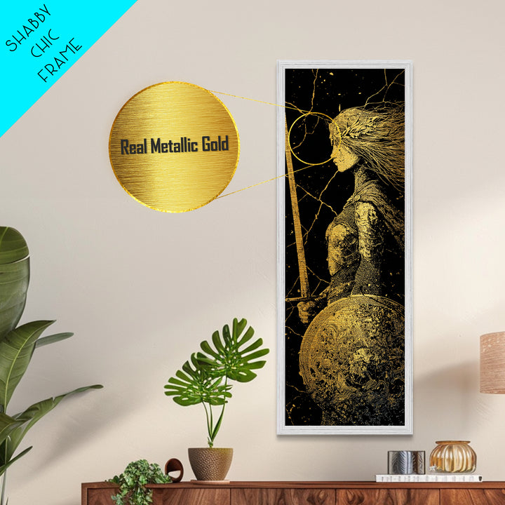 Hervor the Shieldmaiden Metallic Gold Art – Powerful Norse Warrior Metal Art for Man Cave or Office, framed with real wood