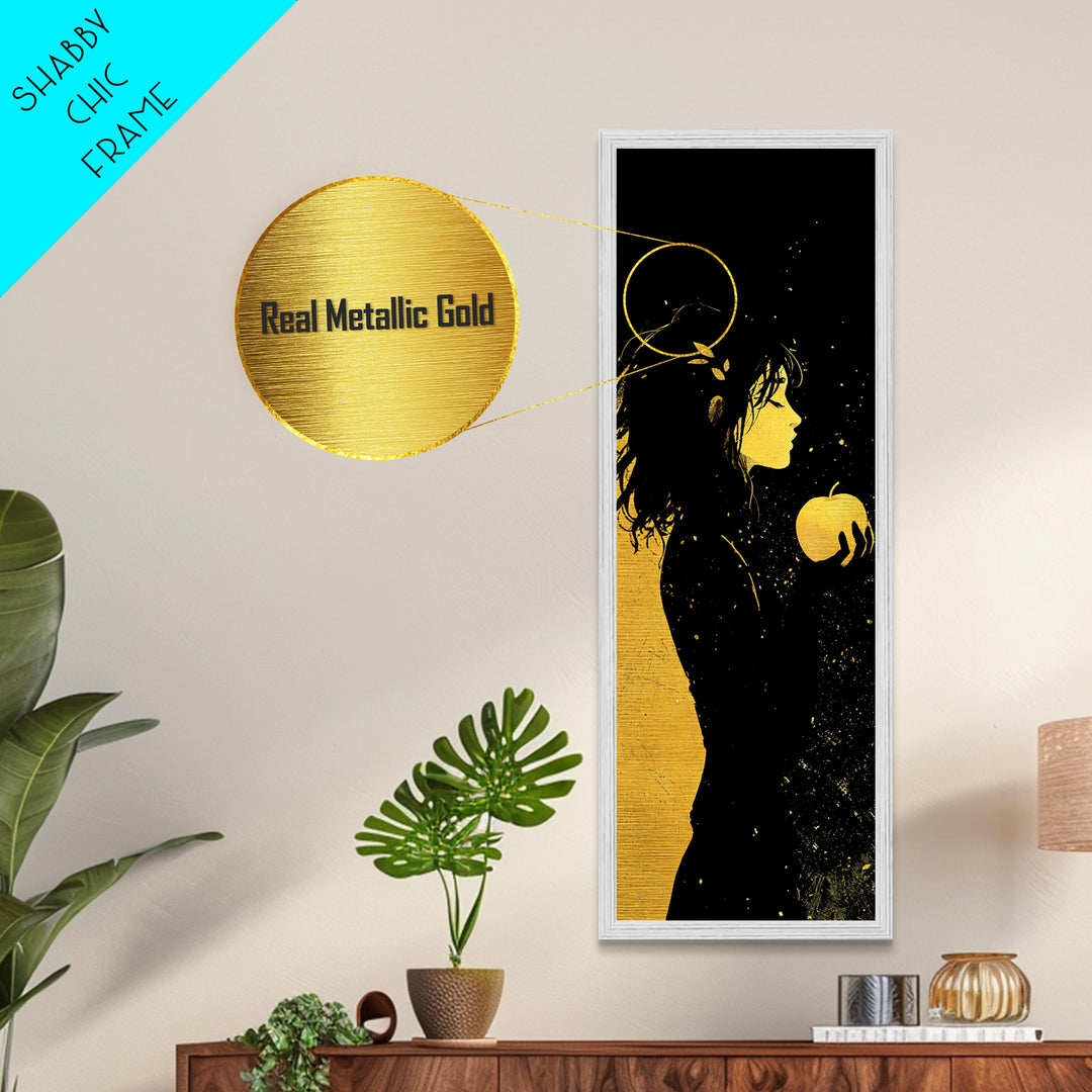 Idunn with Golden Apple Metallic Gold Art – Norse Goddess Metal Art, Viking Mythology wall décor framed in natural wood