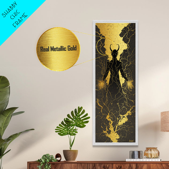 Loki Trickster God Metallic Gold Art – Dark Norse Mythology Metal Art, Viking wall décor for men, framed in solid real wood