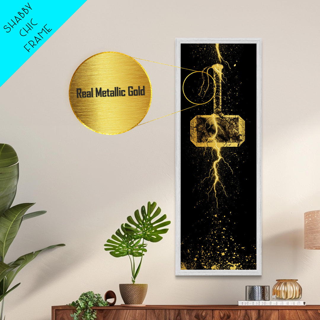 Thor’s Hammer Mjolnir Metallic Gold Art, Viking Metal Art Norse Mythology Wall Decor, Office or Man Cave Artwork in Real Wood Frame