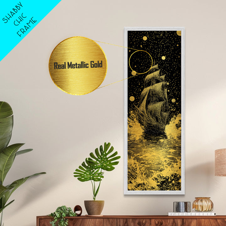 Naglfar Ship Norse Mythology Wall Decor, Metallic Gold Art Viking Metal Art, Unique Dad Gift Office or Study Framed in Natural Wood