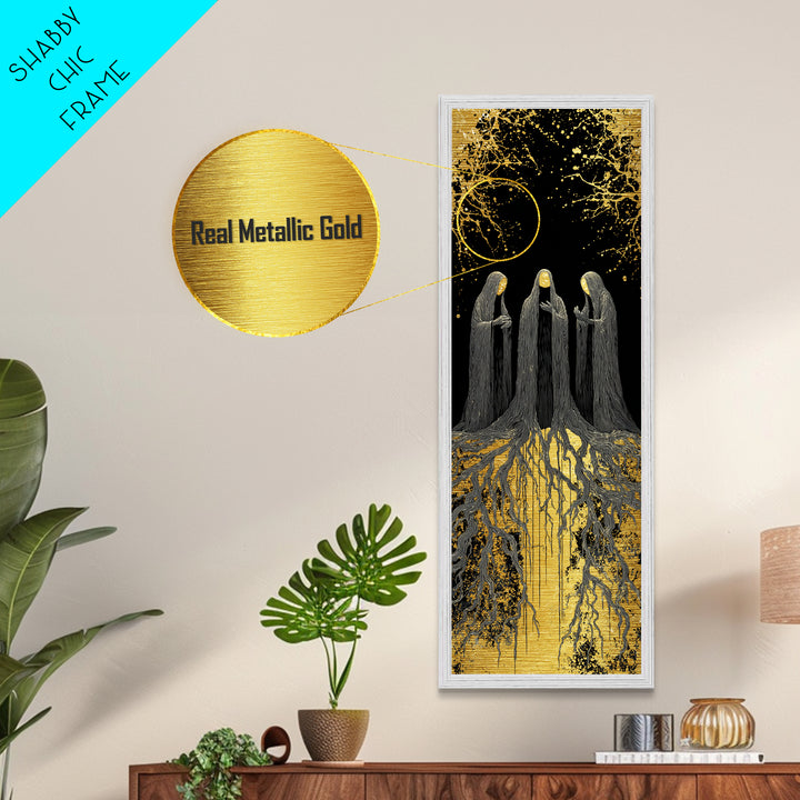 The Norns Metallic Gold Art, Viking Metal Art of Norse Fates, Nordic Mythology Wall Hanging, Spiritual Office Art with Real Wood Frame