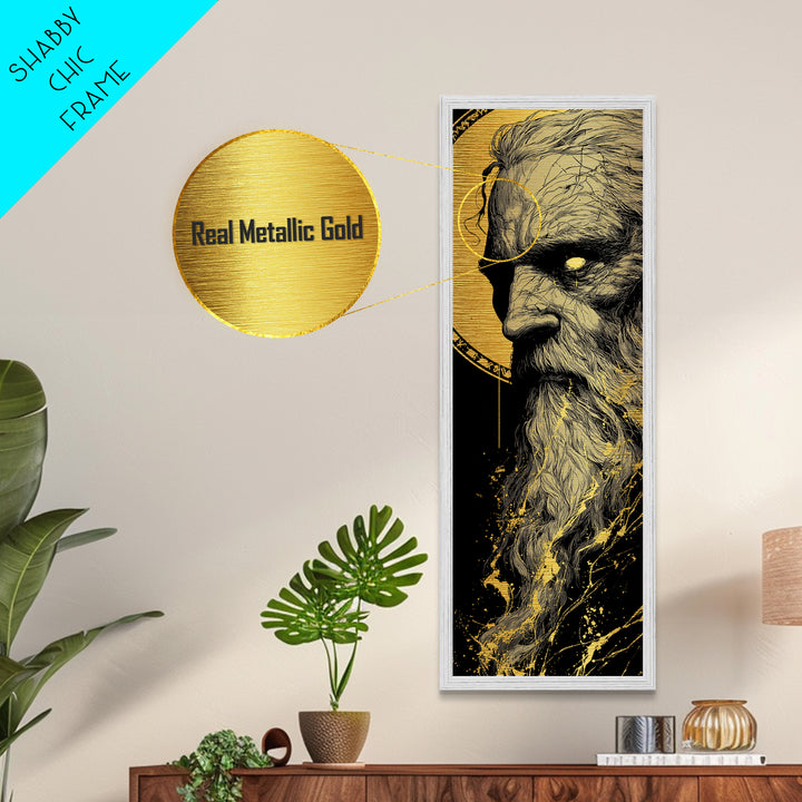 Odin Metallic Gold Art, Viking Metal Art Norse Allfather Portrait, Nordic Mythology Wall Decor for Man Cave or Office in Wood Frame