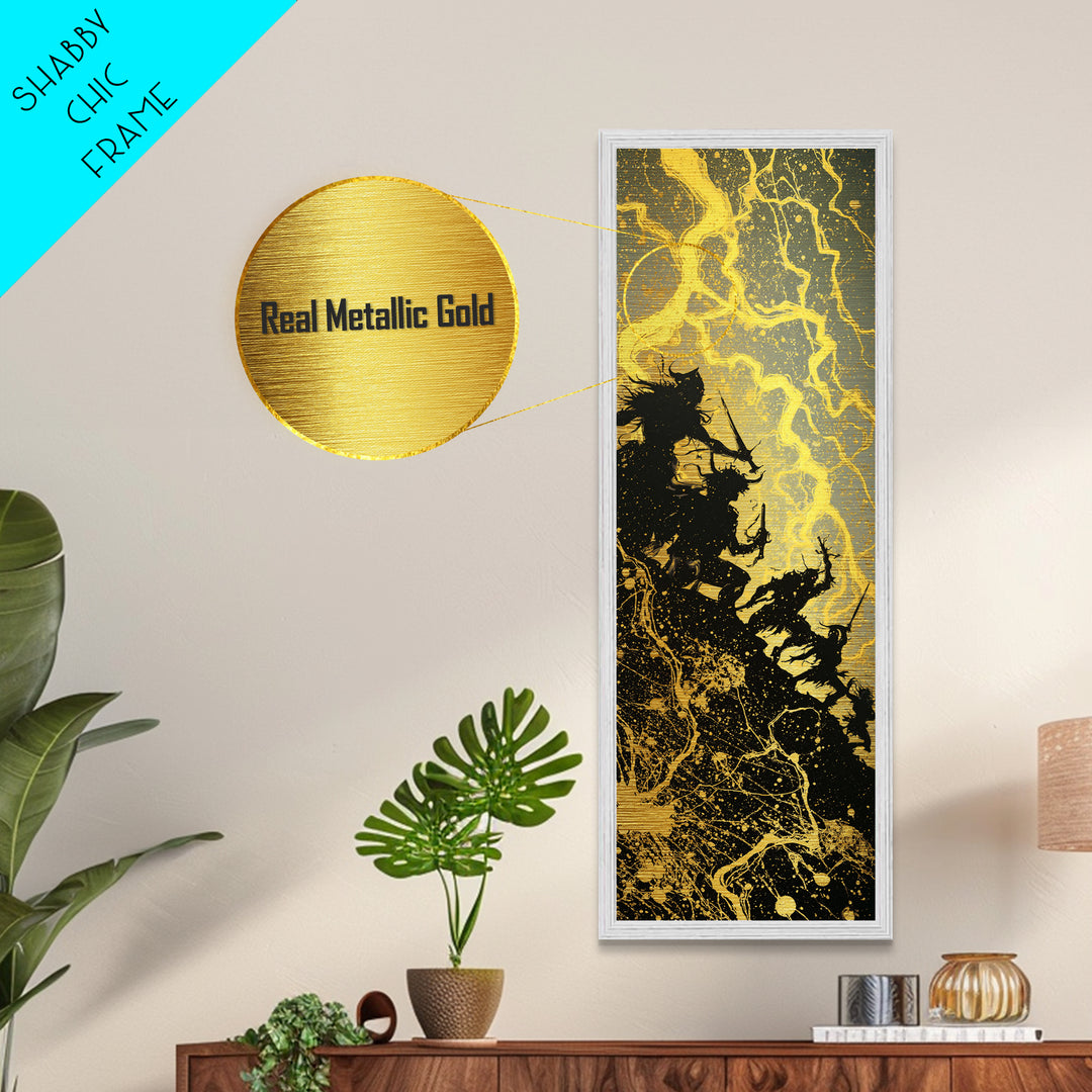 Ragnarok Metallic Gold Art, Viking Metal Art Epic Norse Mythology Battle Scene, Nordic Warrior Office Wall Decor Framed in Natural Wood