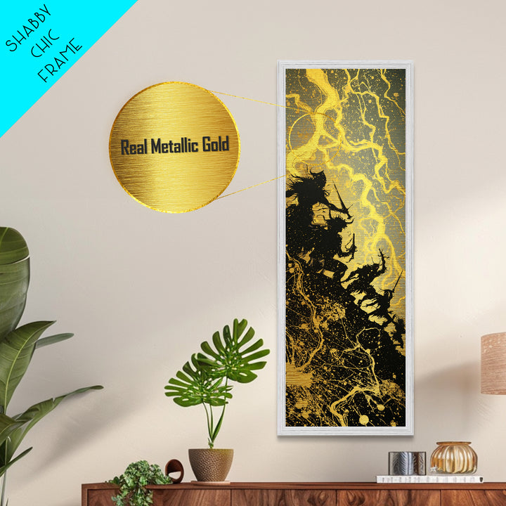 Ragnarok Metallic Gold Art, Viking Metal Art Epic Norse Mythology Battle Scene, Nordic Warrior Office Wall Decor Framed in Natural Wood