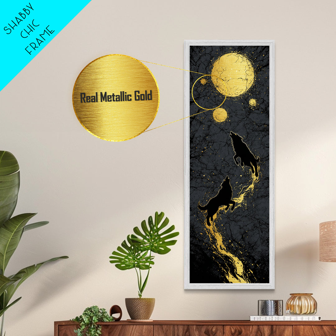 Sköll and Hati Wolves Metallic Gold Art, Viking Metal Art Norse Mythology Wall Decor, Nordic Moon Wolves Office or Man Cave in Wood Frame